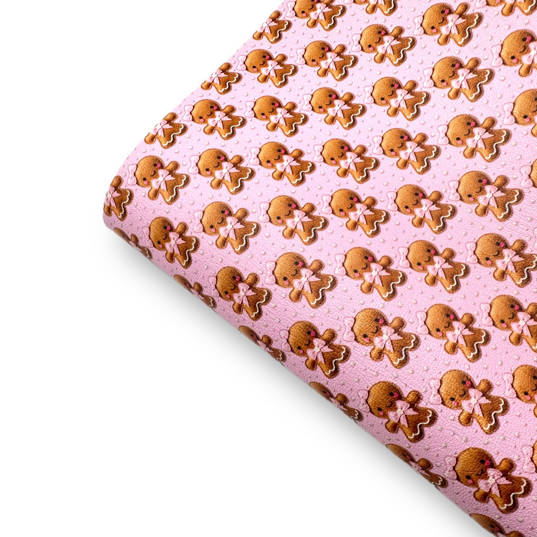 Pink Embroidered Gingerbreads Premium Faux Leather Fabric Sheets