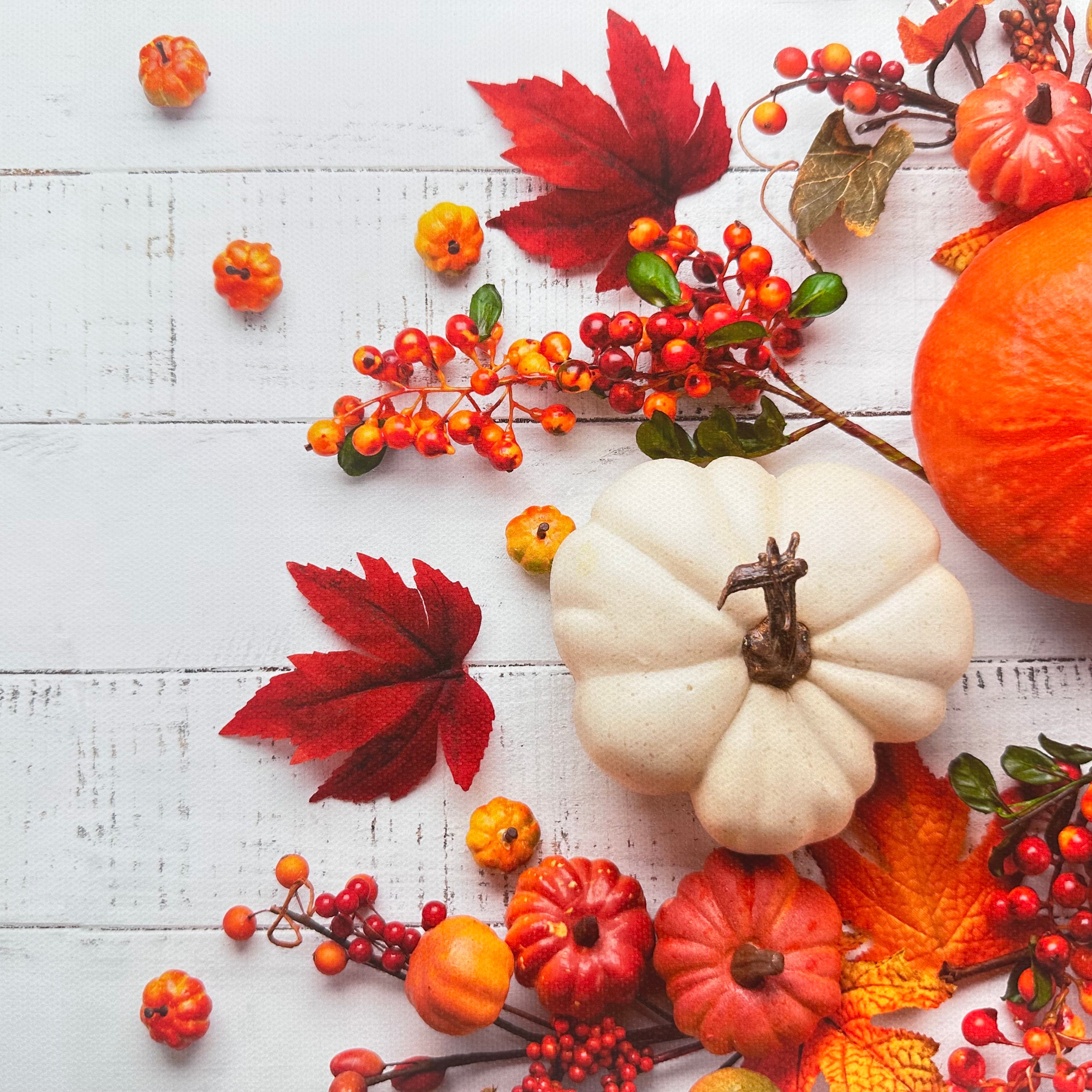 Autumn Pumpkins & Leaves Wooden Effect Canvas Photography Background
