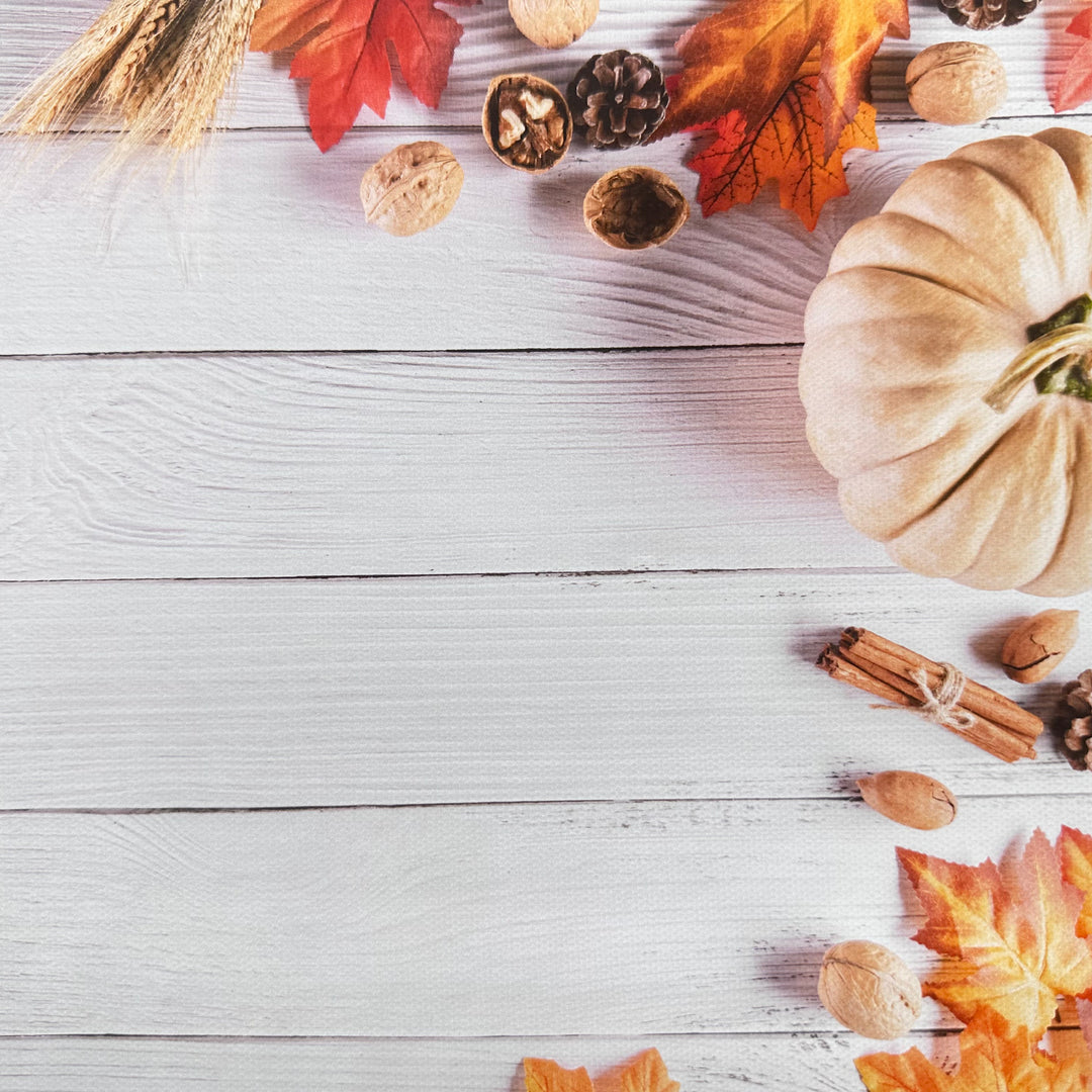 White Pumpkins & Leaves Wooden Effect Canvas Photography Background