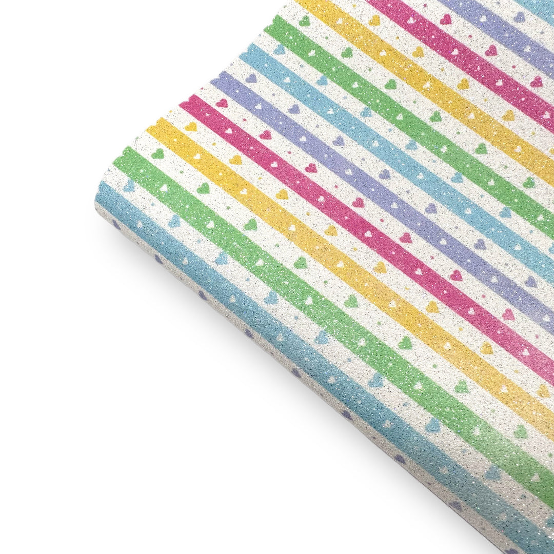 Perfect Rainbow Hearts Stripey Printed Fine Core Glitter Fabric