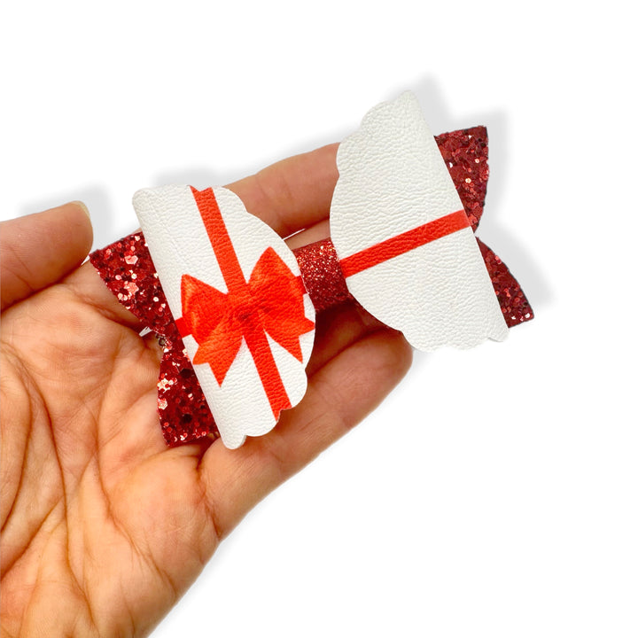 Red & White Present Gift Bow 3.5” | Pre Cut DIY Hair Bow Loops