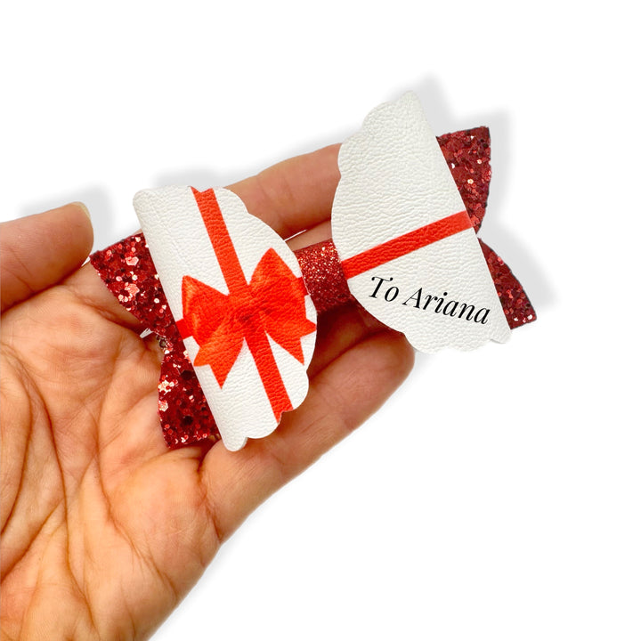 Red & White Present Gift Bow 3.5” | Pre Cut DIY Hair Bow Loops