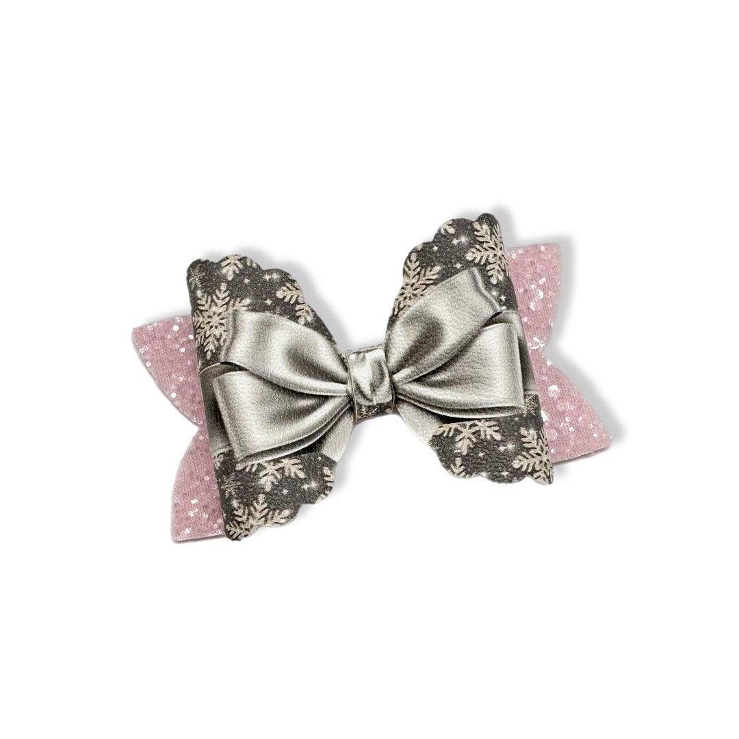 Gift wrapped with a bow Dark Silver Snowflakes 3.5” | Pre Cut DIY Hair Bow Loops