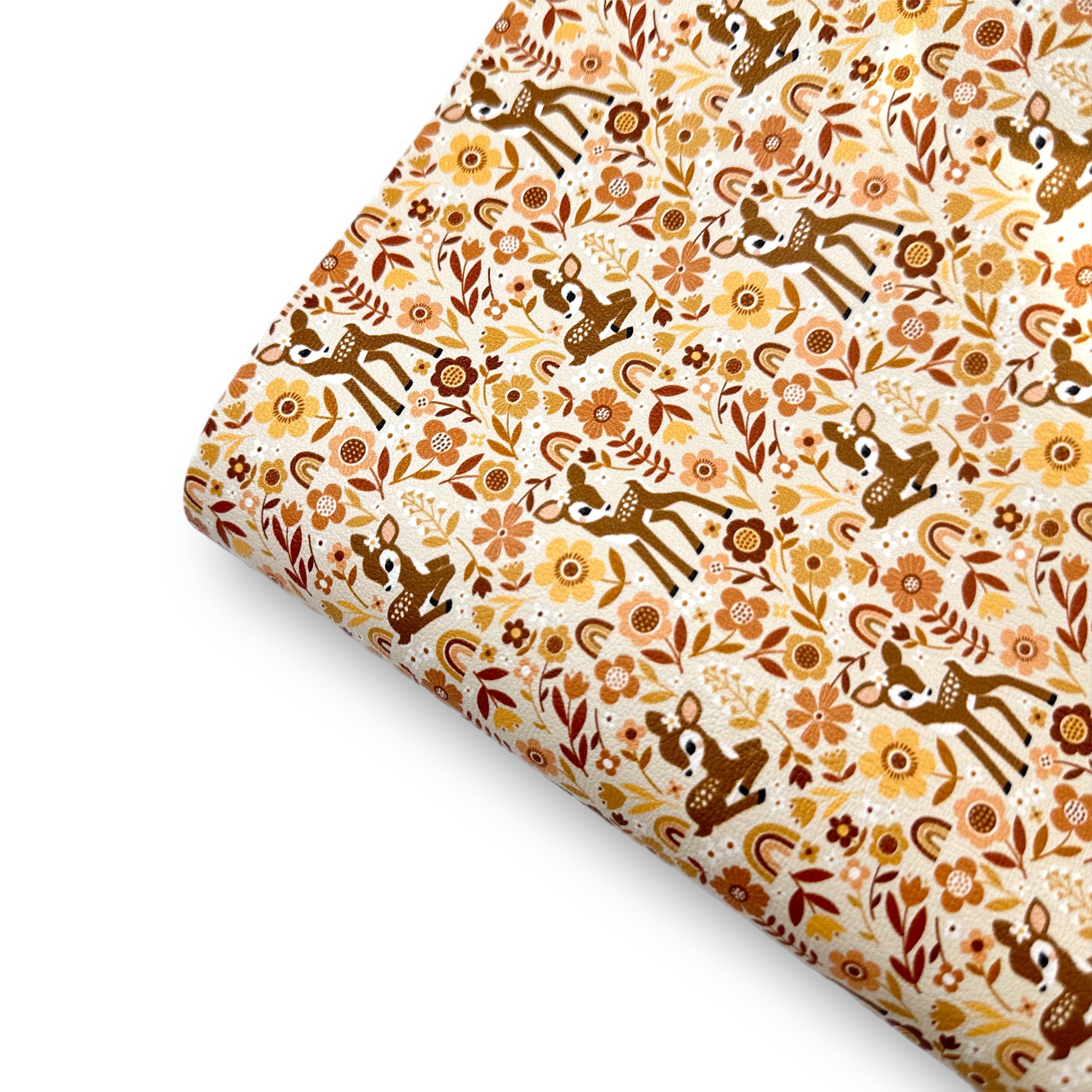 Autumn Baby Deer Floral Premium Faux Leather Fabric Sheets