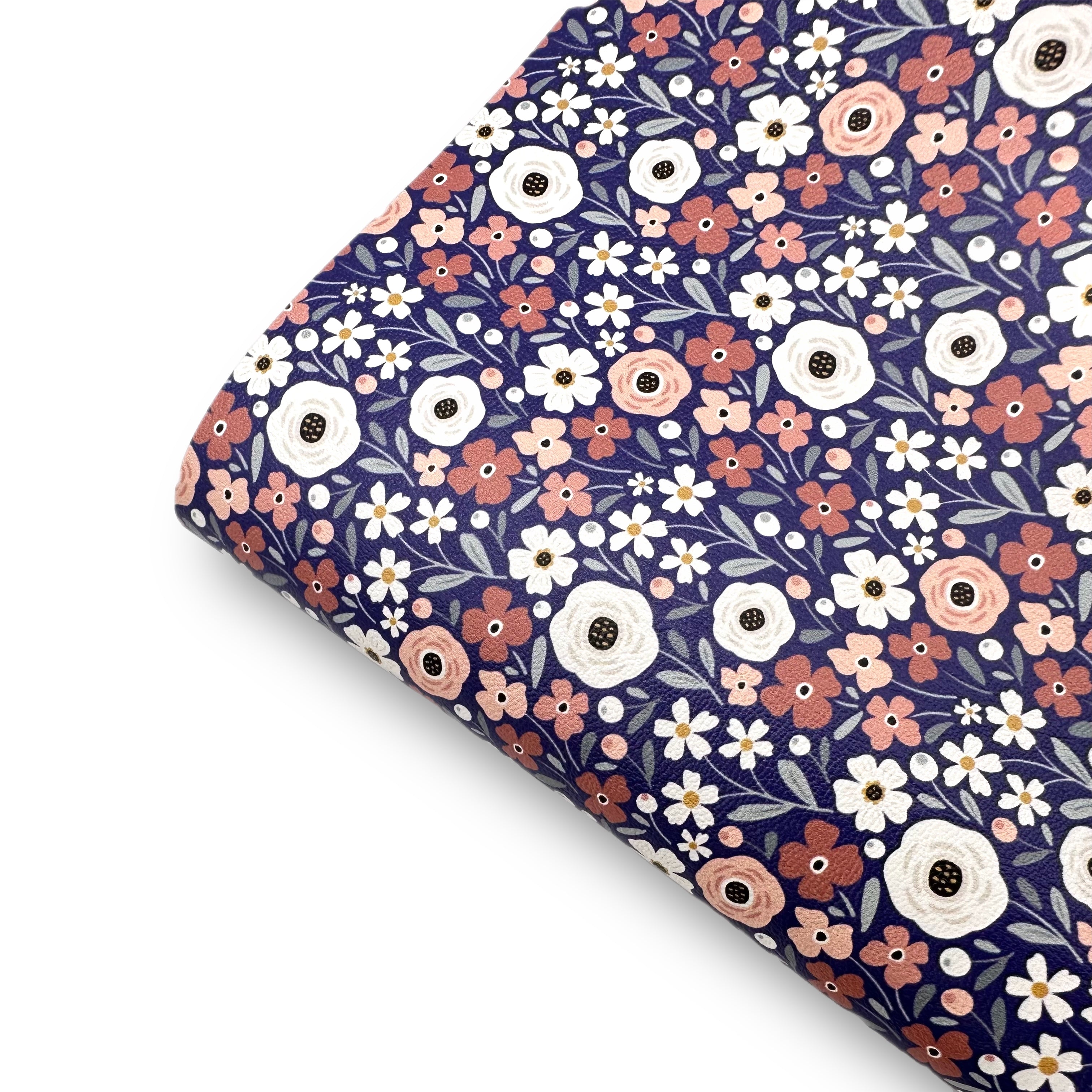 Navy Lovely Florals Premium Faux Leather Fabric Sheets