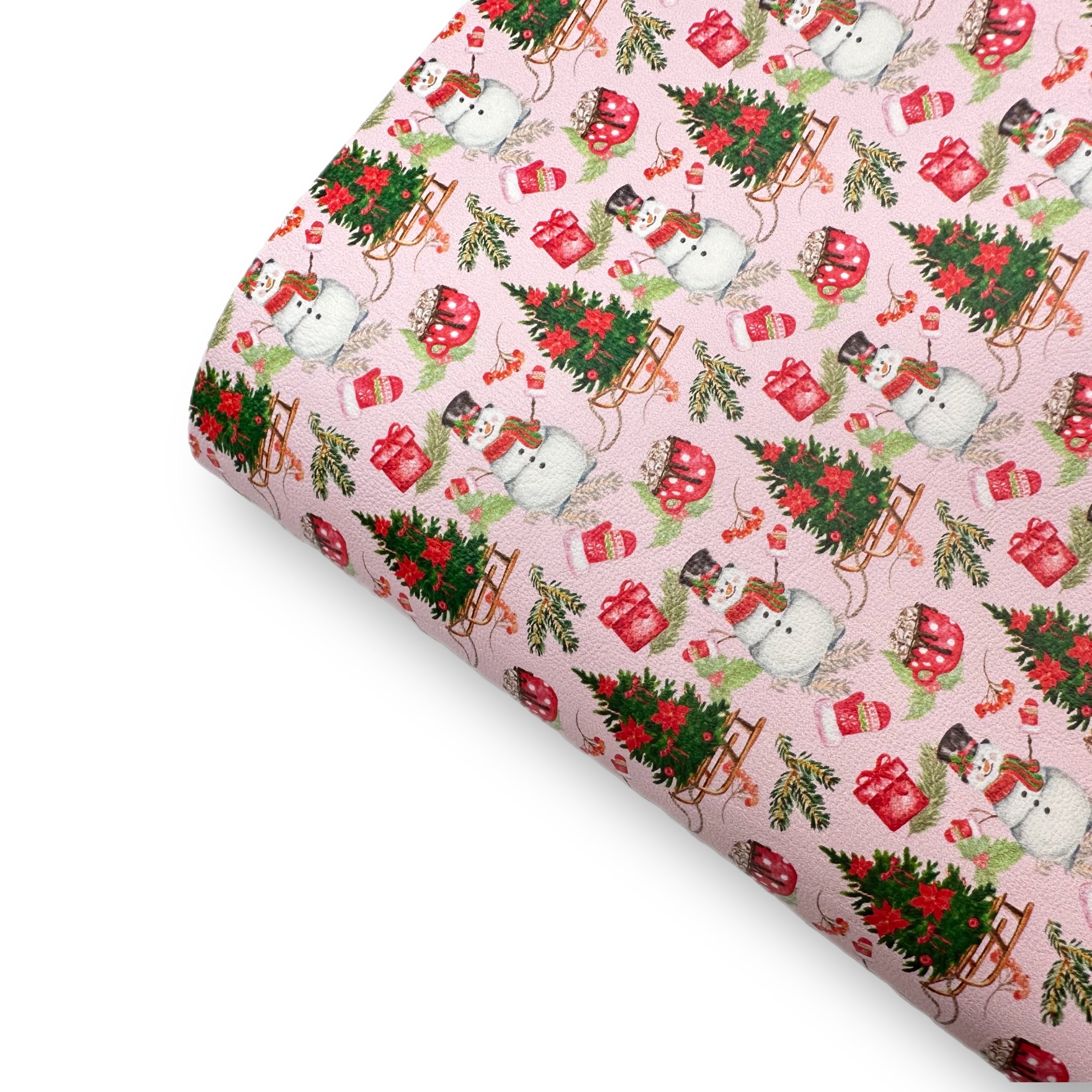 Pink Snowman Sleigh Ride Premium Faux Leather Fabric Sheets