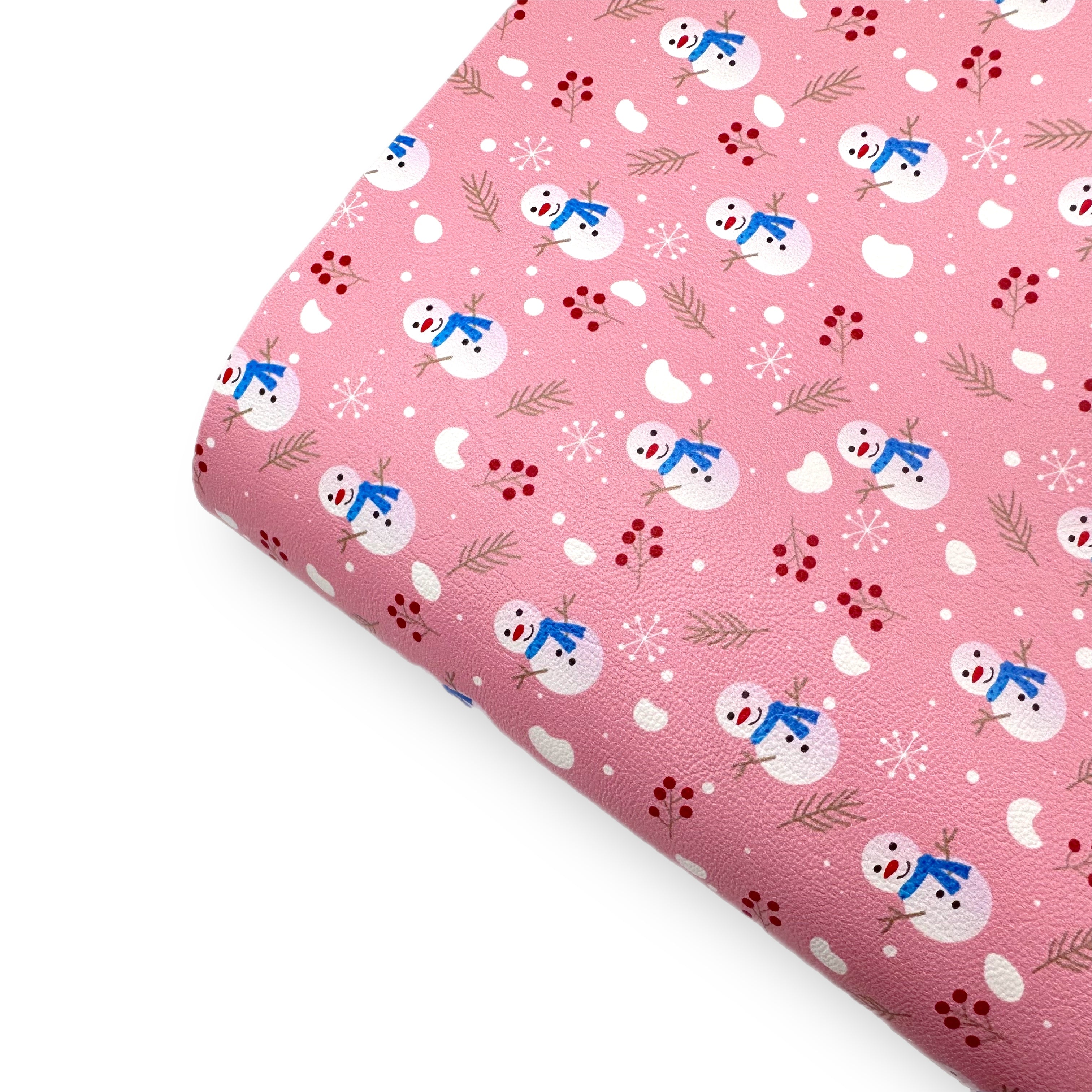 Pink Festive Snowman Premium Faux Leather Fabric Sheets