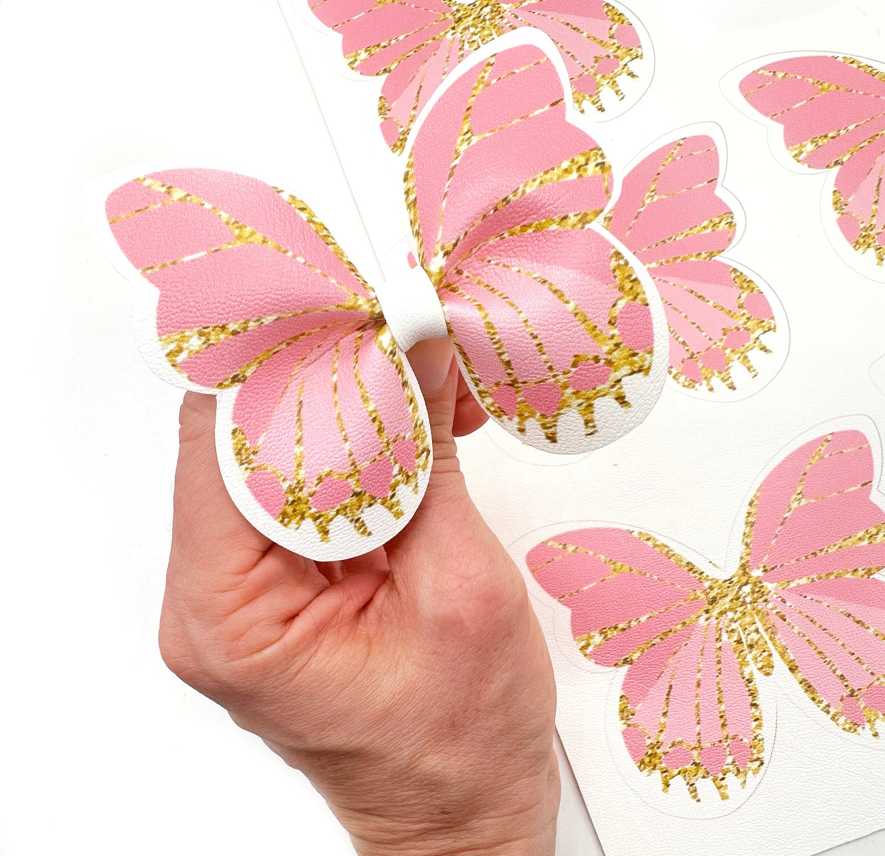 Pretty Pink & Gold glitter effect Butterfly Pinch Bows DIY Cut Out Faux Leather Fabric Sheets