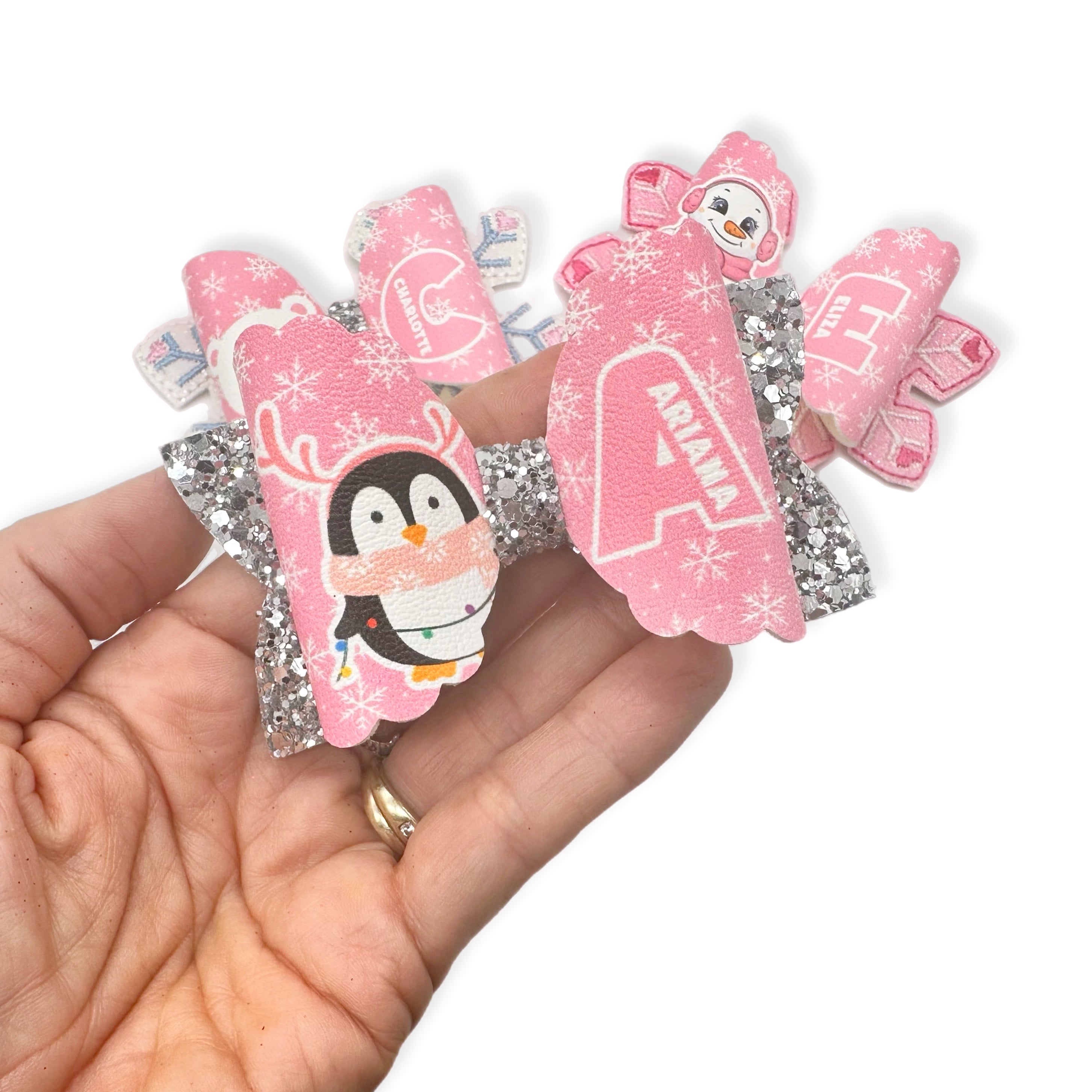 Pink Winter Friends Personalised Bow Loop | 3.5” Pre Cut DIY Hair Bow Loops