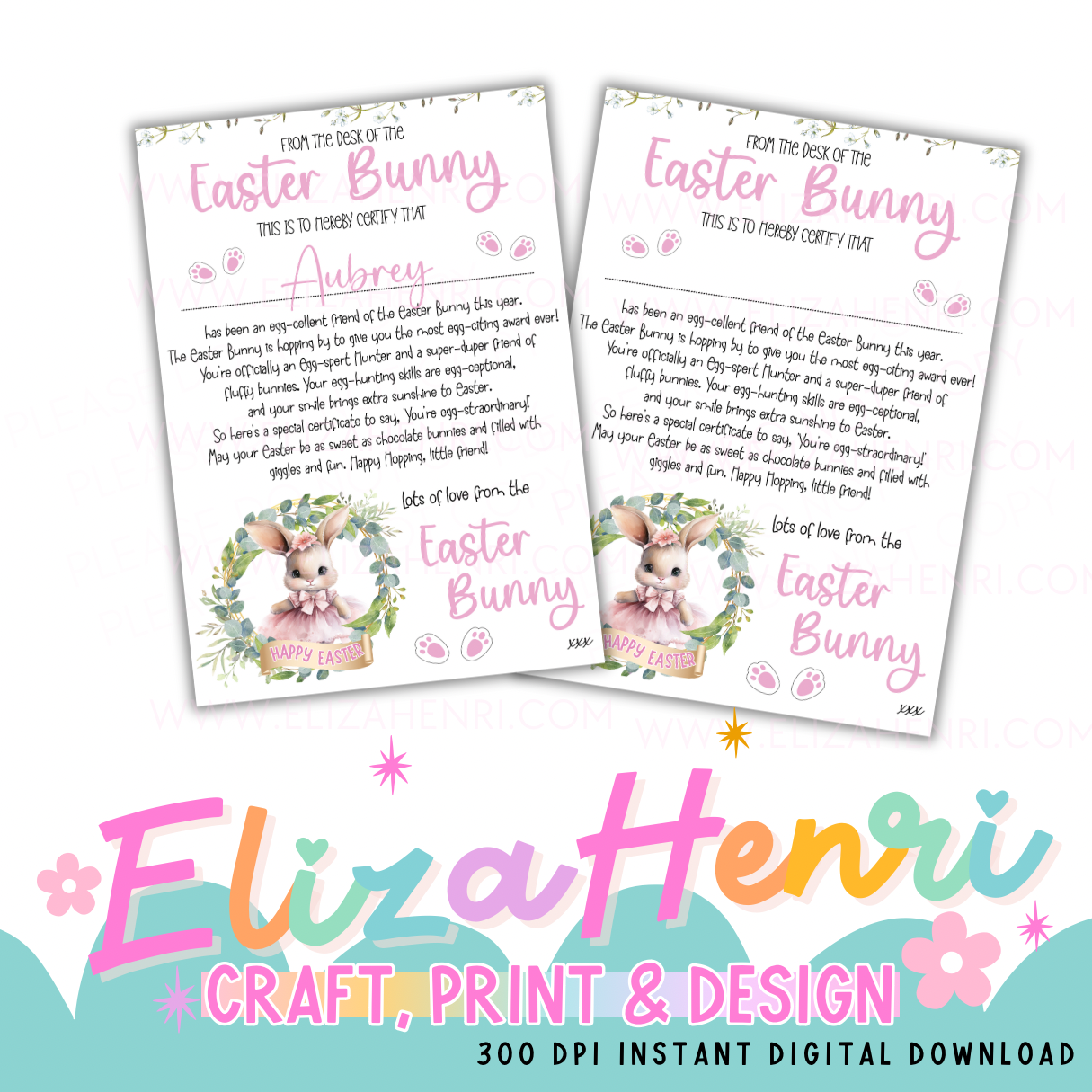 Girls Pink Easter Bunny Wreath Certificate Digital Download