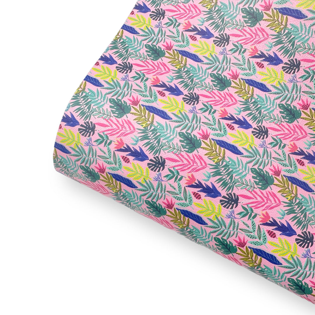 Pink Jungle Flowers Premium Faux Leather Fabric