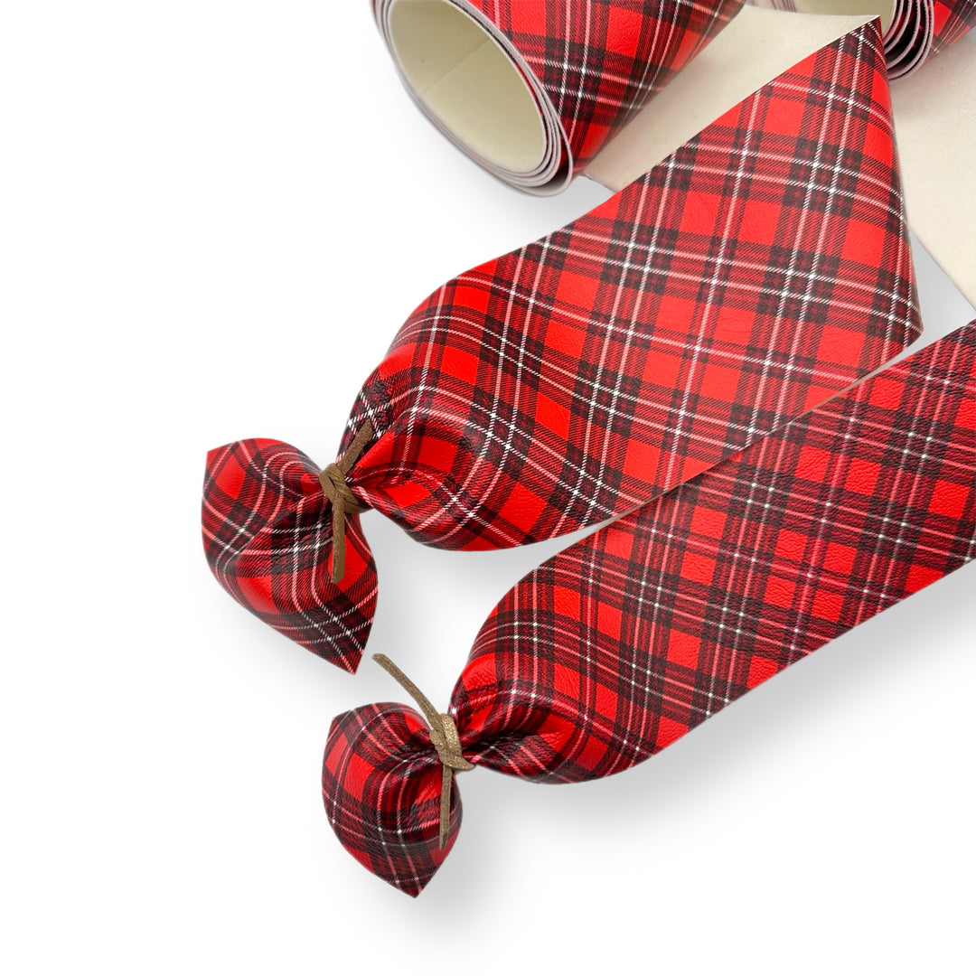 Classic Red Tartan Faux Leather Mega Bow Strips- 2 Sizes