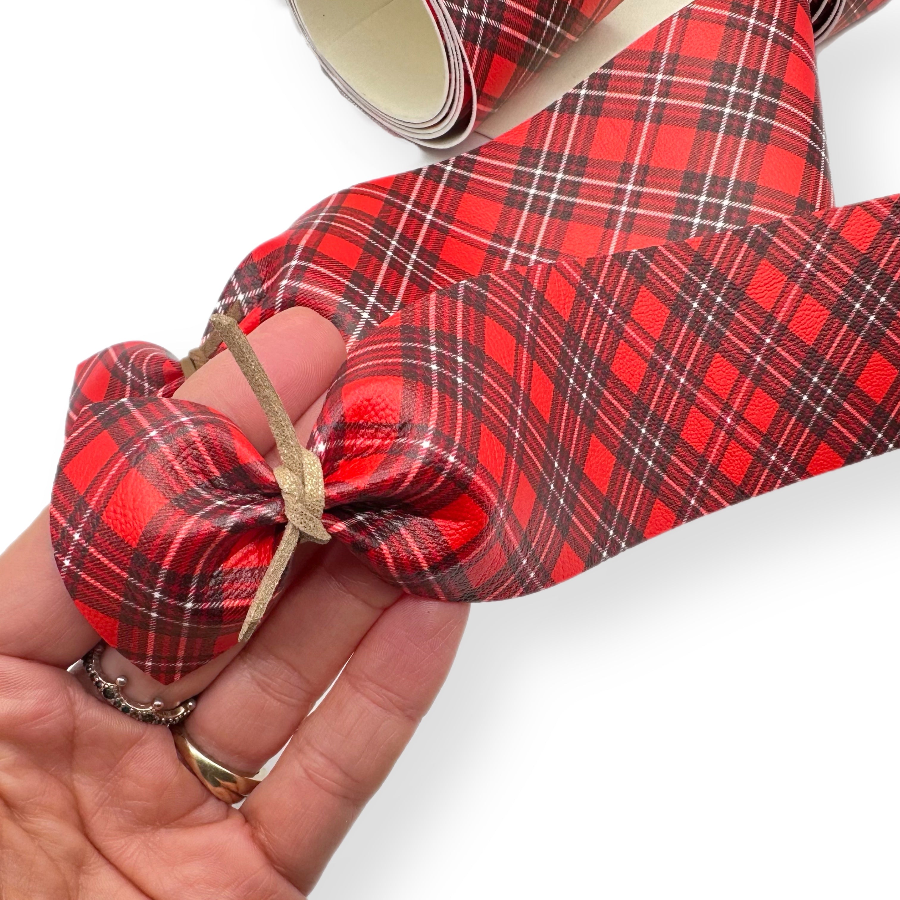 Classic Red Tartan Faux Leather Mega Bow Strips- 2 Sizes