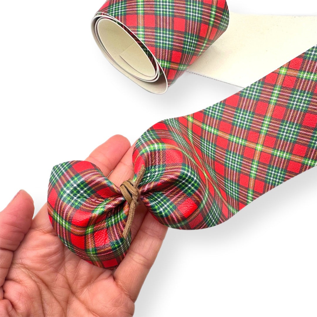 Red & Green Tartan Faux Leather Mega Bow Strips- 2 Sizes