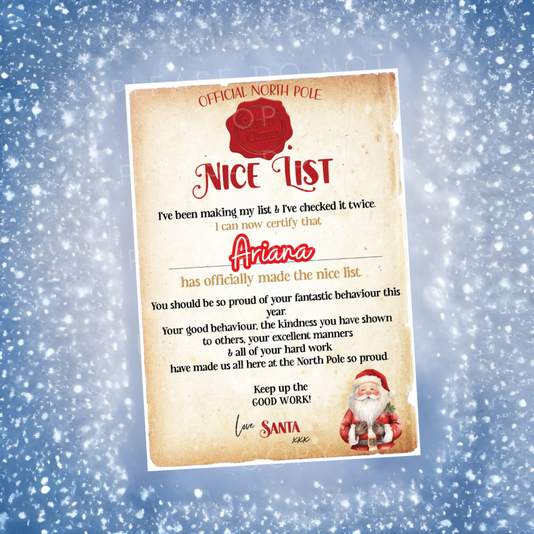 Exclusive Print your Own Official Santa Clause Nice List Digital Download