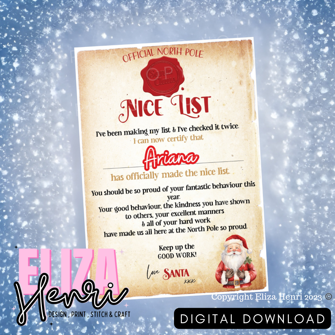 Exclusive Print your Own Official Santa Clause Nice List Digital Download