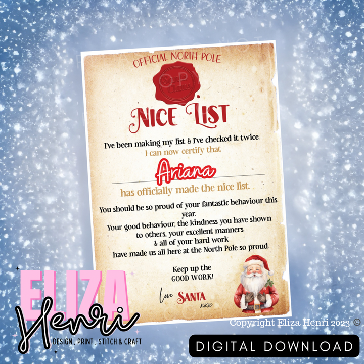 Exclusive Print your Own Official Santa Clause Nice List Digital Download