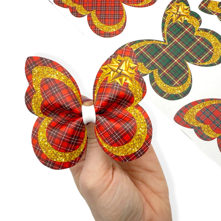 Tartan & Gold Party Glitter Butterfly Pinch Bows - DIY Cut Out Faux Leather Fabric Sheets