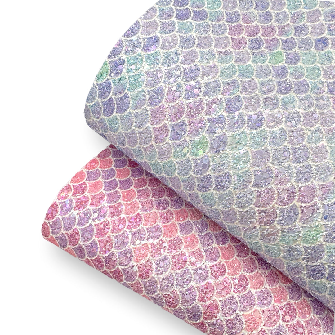 Pretty Pastel Mermaid Scales Printed Chunky Core Glitter Fabric