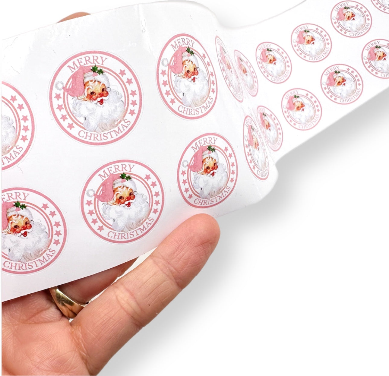 Merry Christmas Pink Santa 1” stickers- Premium White Gloss