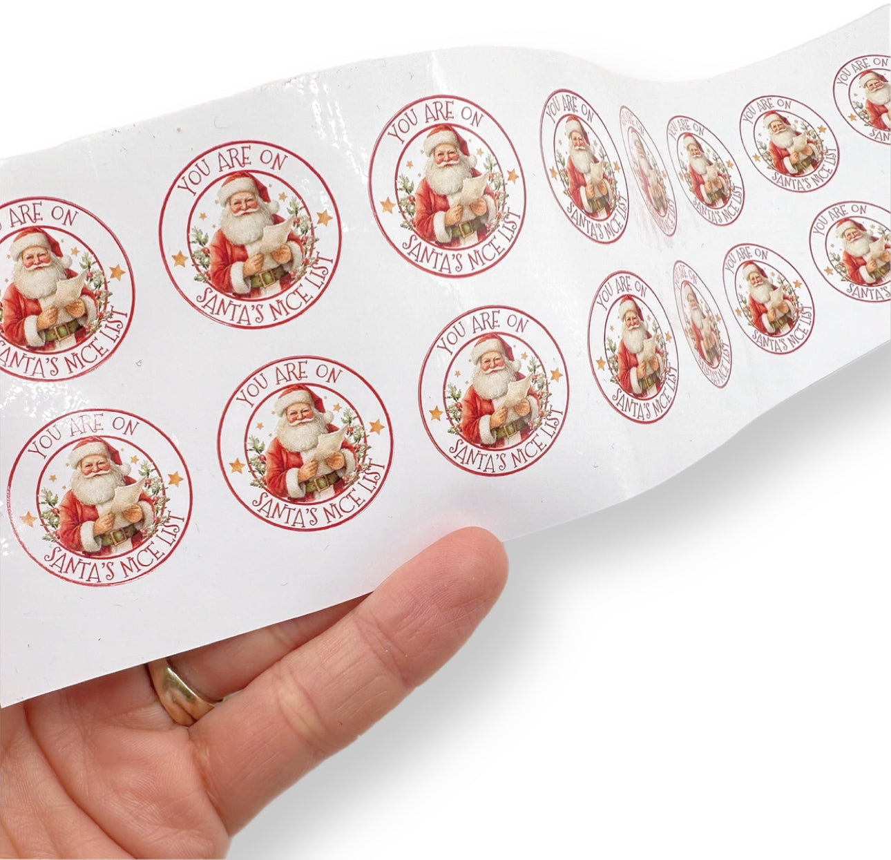Nice List Red Santa 1” stickers- Premium White Gloss