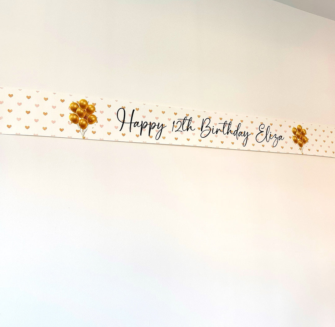 Hearts Pink & Gold Balloons Personalised Faux Leather Birthday Celebration Banner