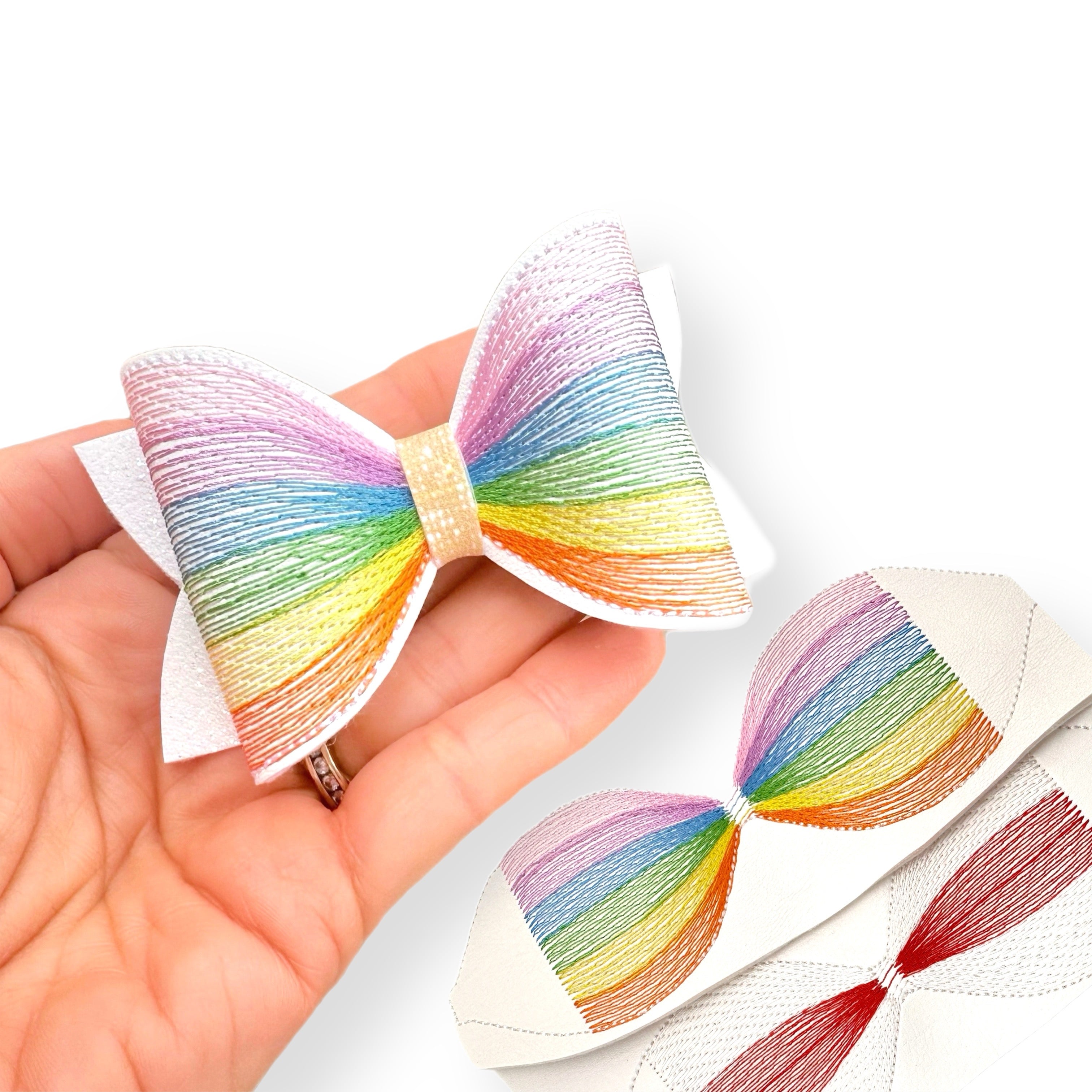 DIY Fold your own Rainbow Stitched Embroidered Faux Leather Bows