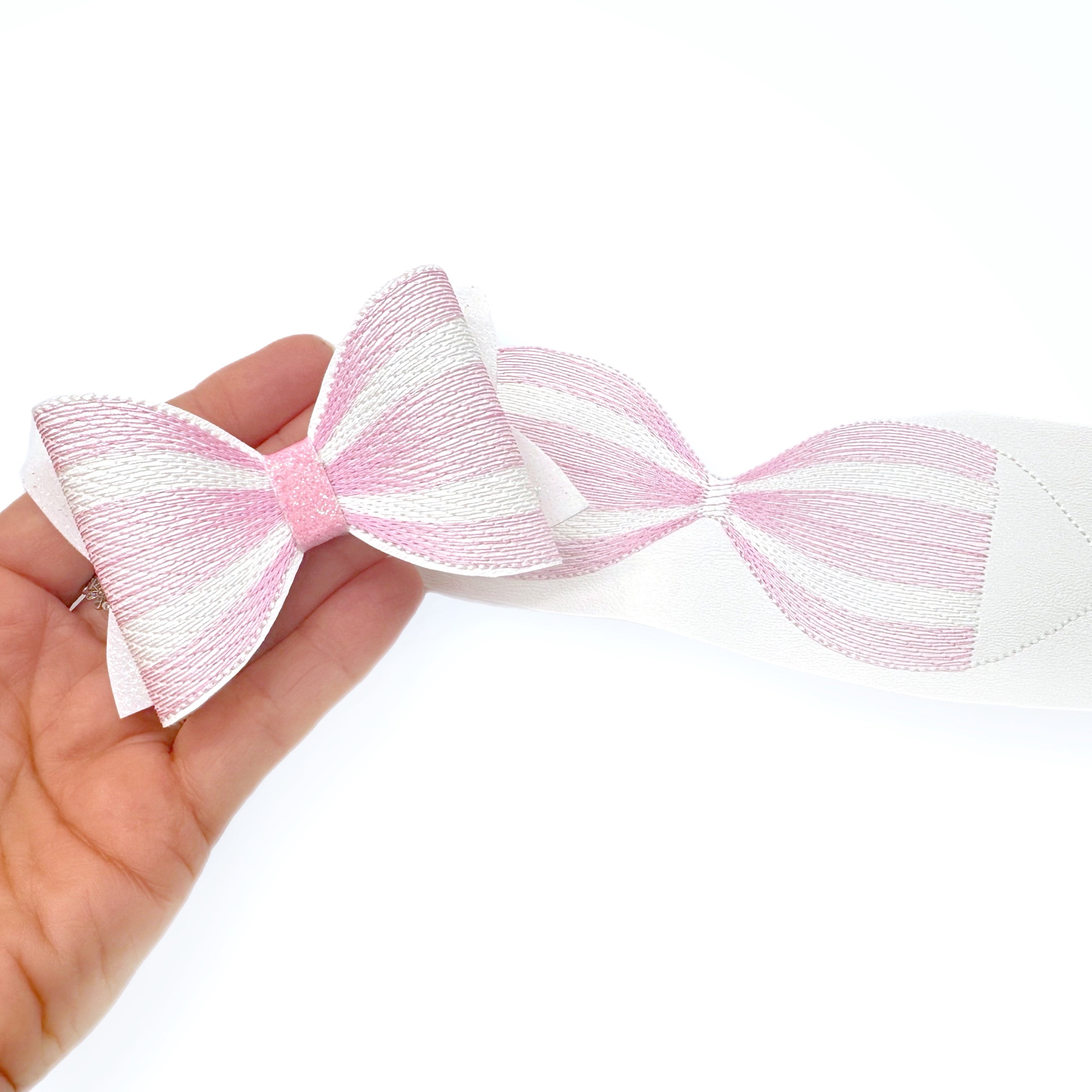 DIY Fold your own Pretty Pink & White Stitched Embroidered Faux Leather Bows