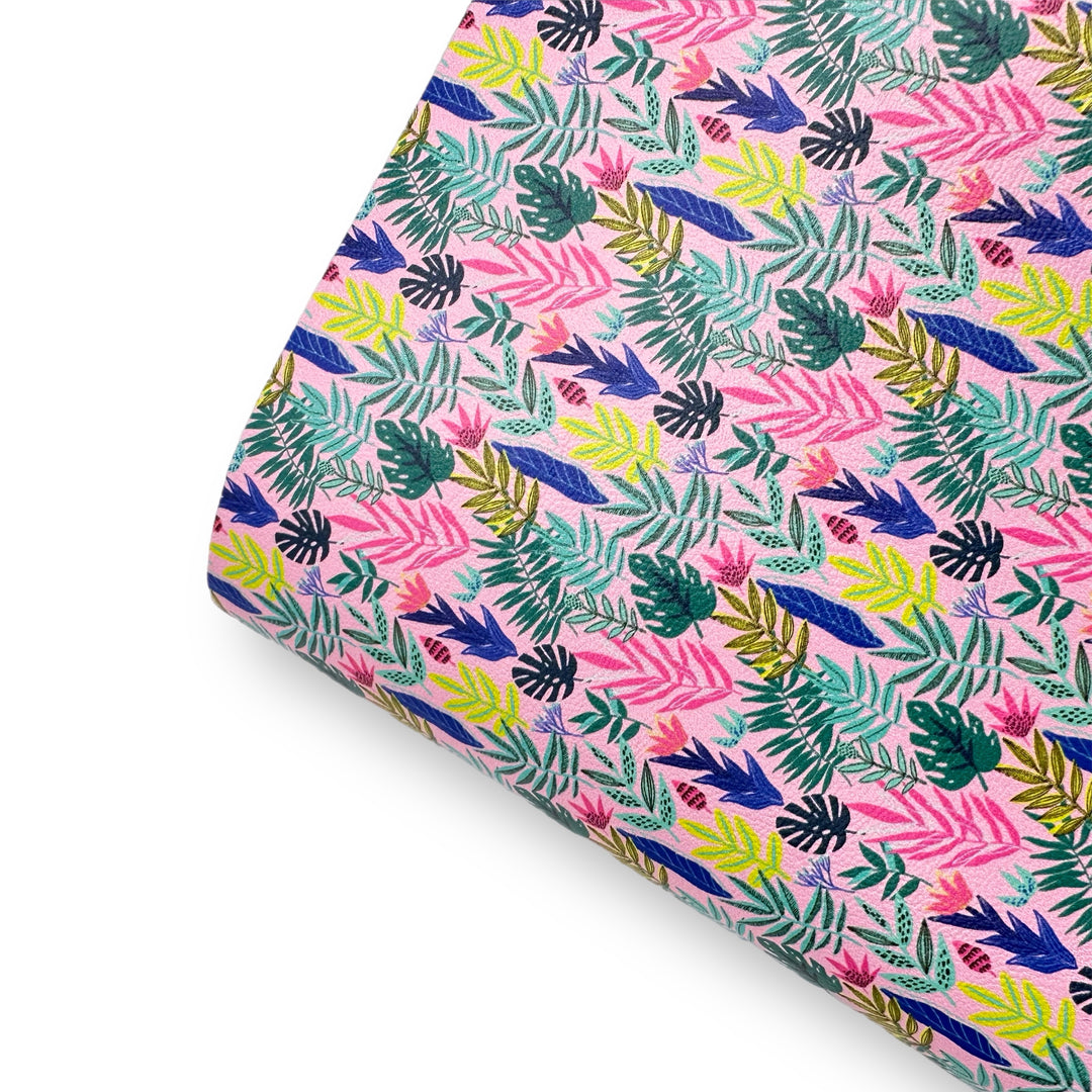 Pink Jungle Flowers Premium Faux Leather Fabric