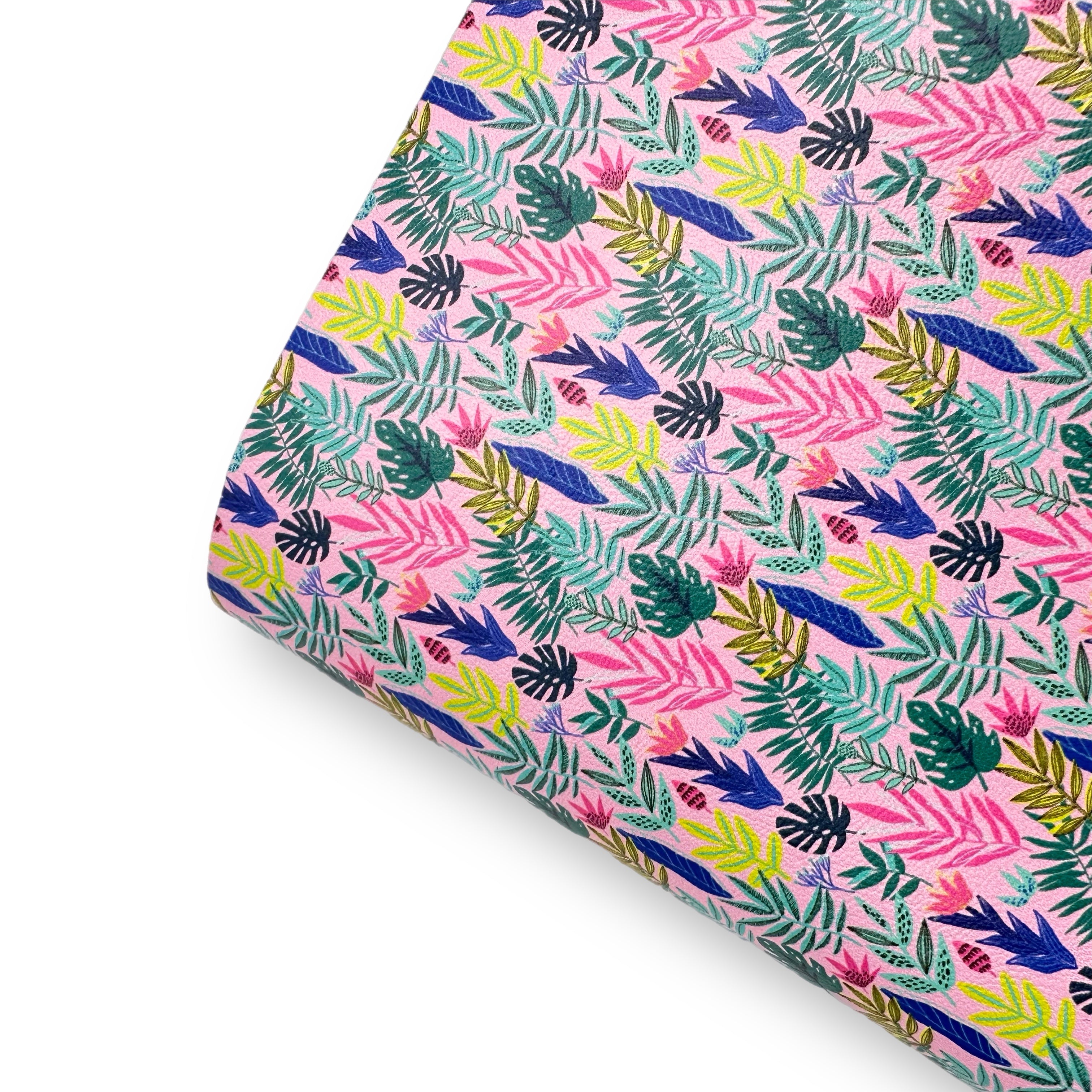 Pink Jungle Flowers Premium Faux Leather Fabric