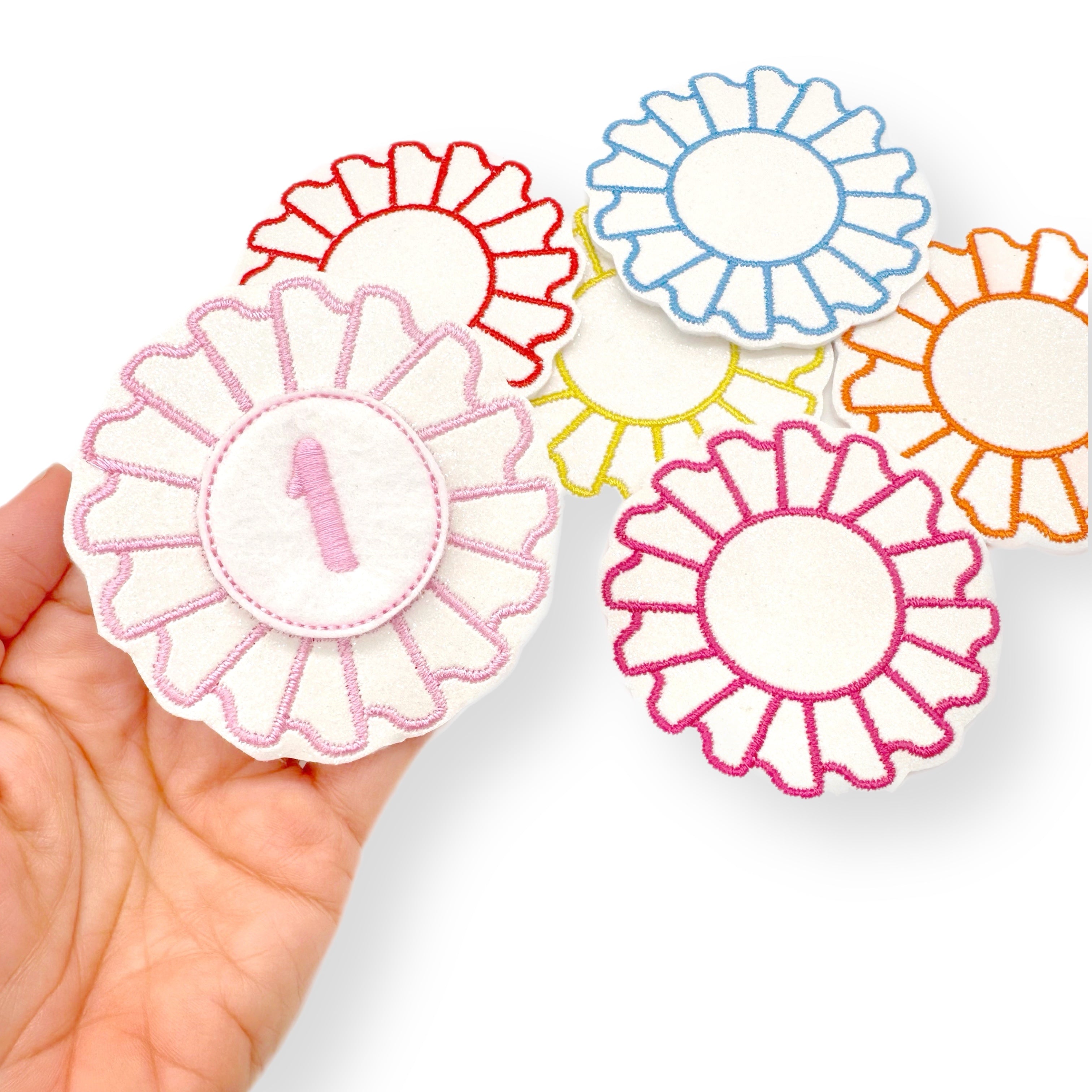 White Glitter Tail-less Rosettes-  Badge Blank Embroidered Felties