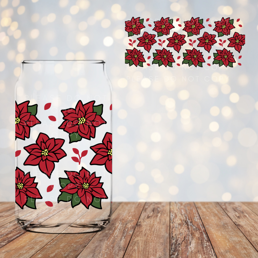 Poinsettia Floral Libby Cup Glass Can UVDTF Wrap 16oz