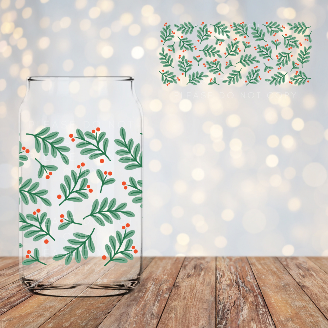Holly Branches Libby Cup Glass Can UVDTF Wrap 16oz