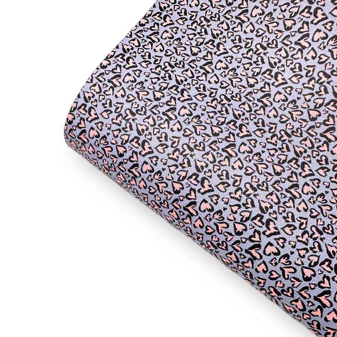 Blue Leopard Love Heart Premium Faux Leather Fabric