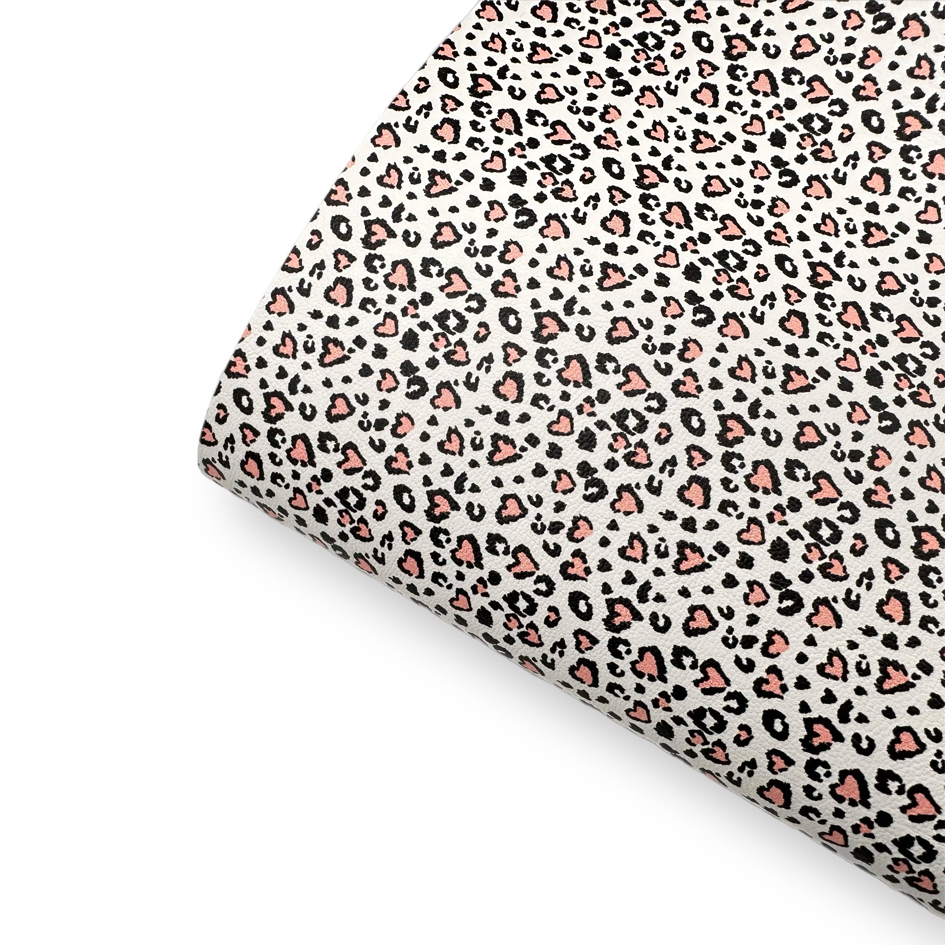 White & Pink Love Heart Leopard Premium Faux Leather Fabric