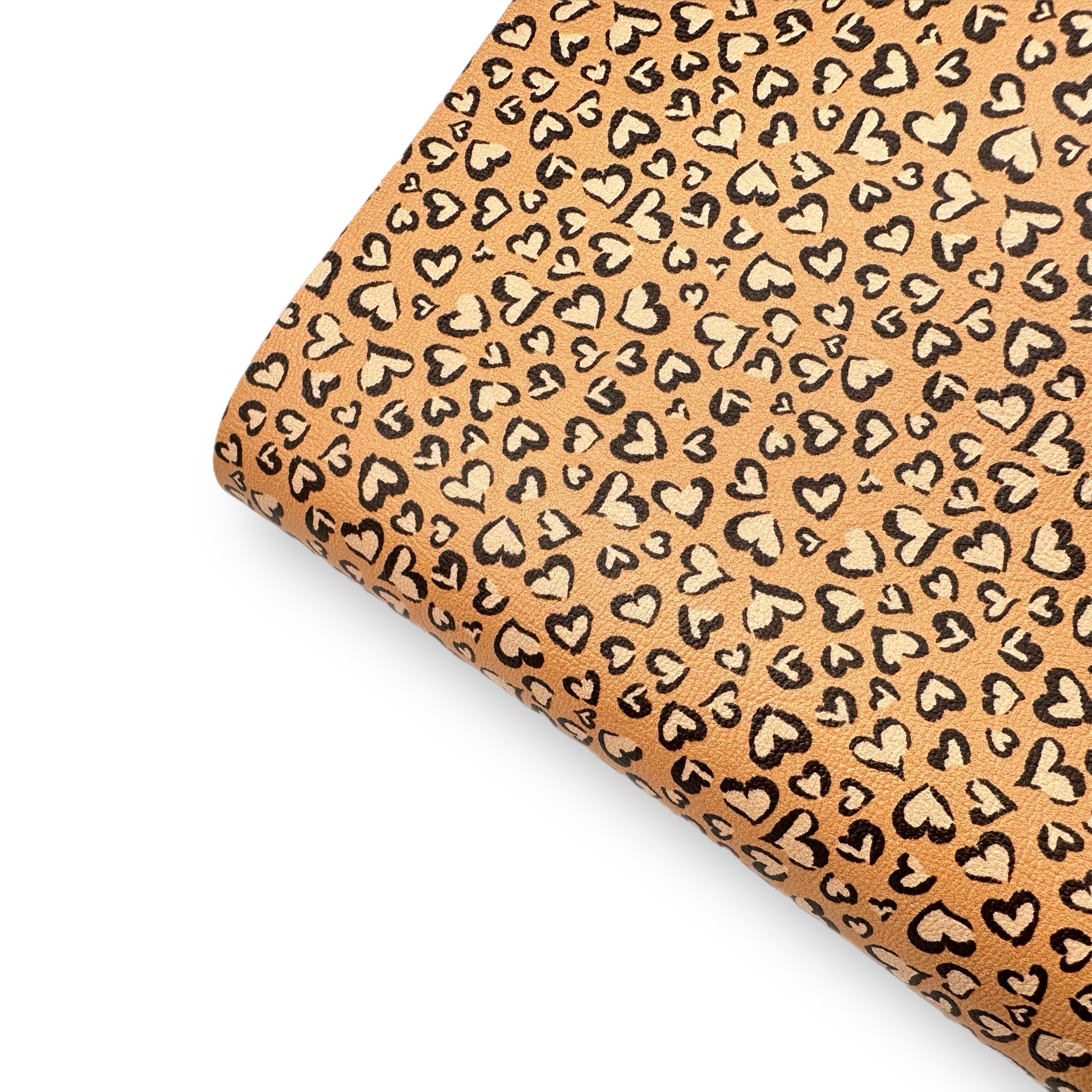 Brown Leopard Hearts Premium Faux Leather Fabric