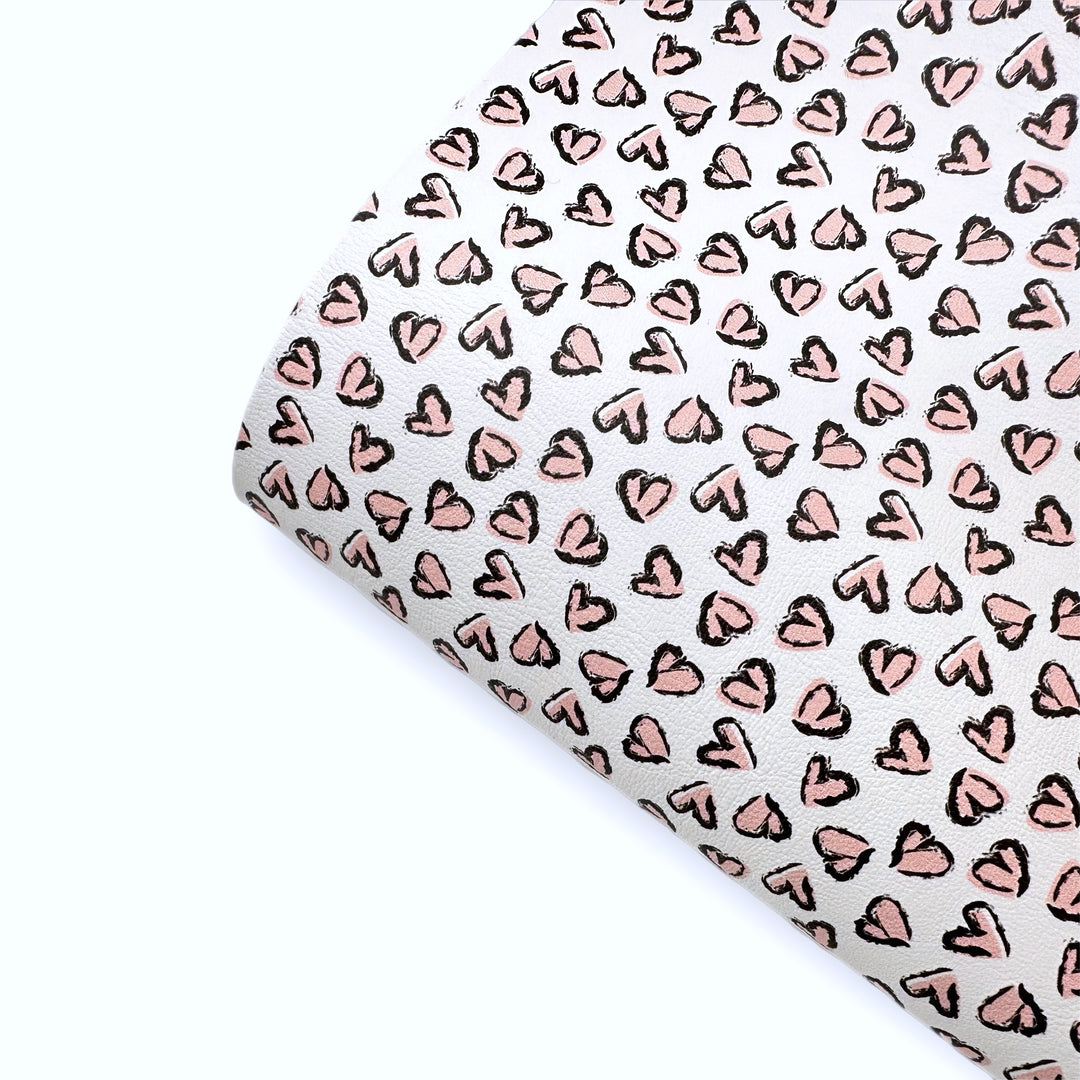 Black & White Leopard Love Hearts Premium Faux Leather Fabric