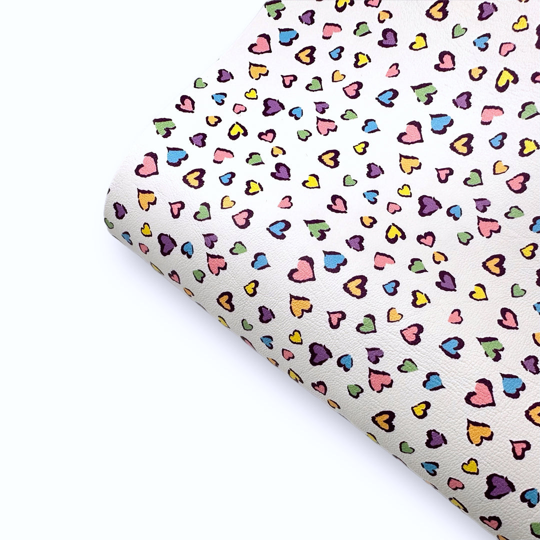 Rainbow Love Heart Leopard Premium Faux Leather Fabric