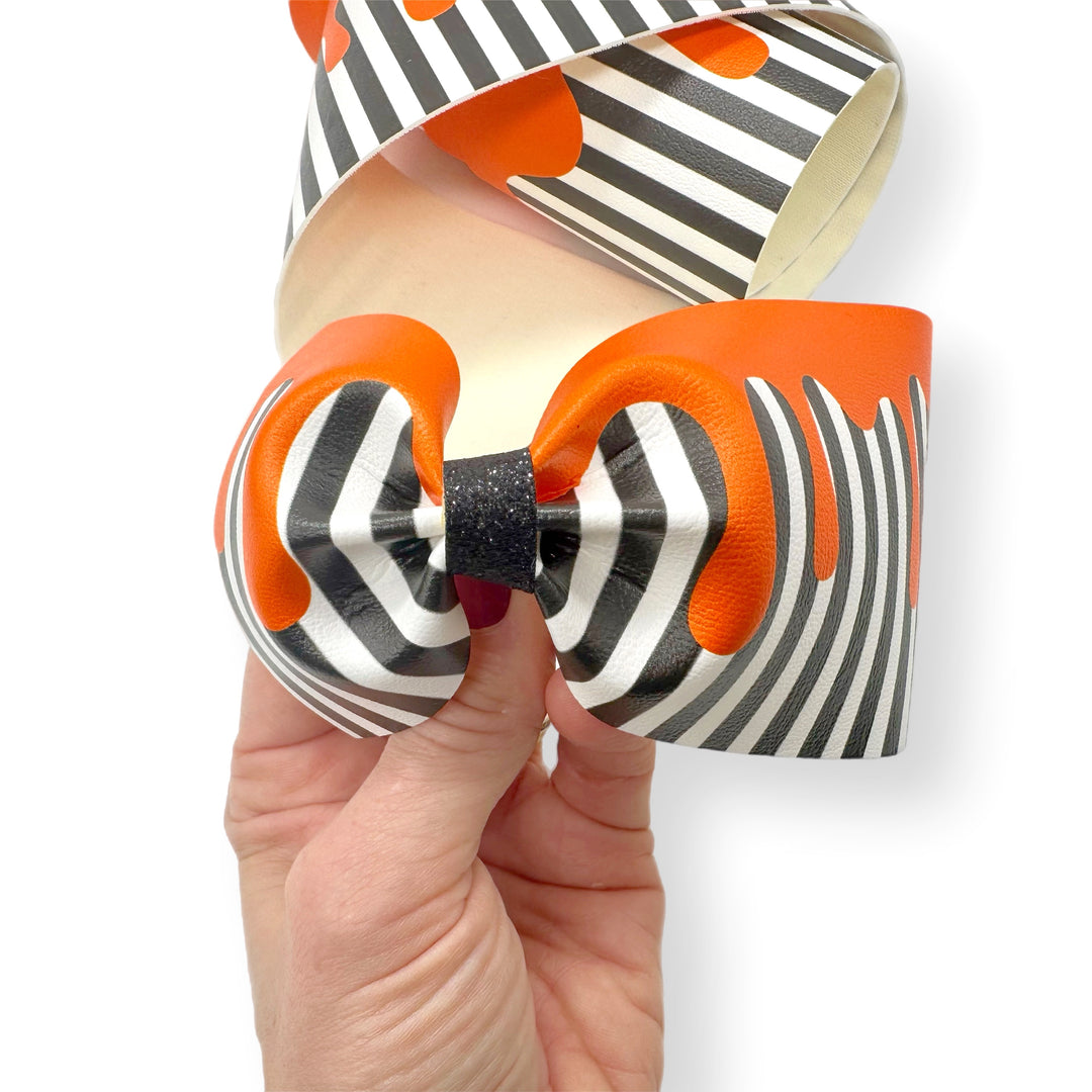 Orange Slime on Black White Mono Stripes Faux Leather Mega Bow Strips