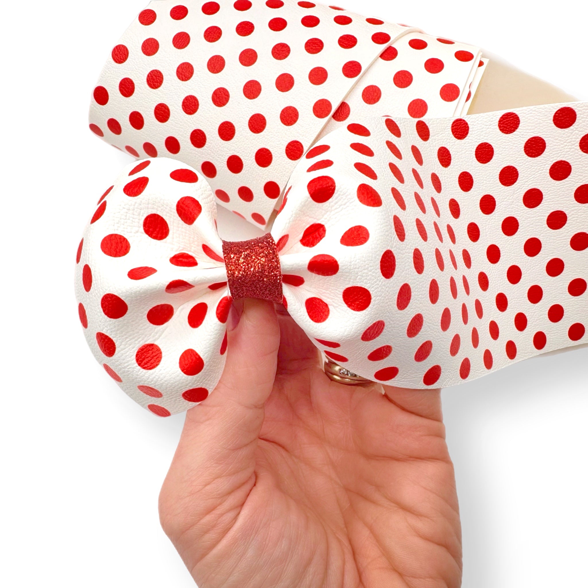Red Spotty Polka Dots Faux Leather Mega Bow Strips