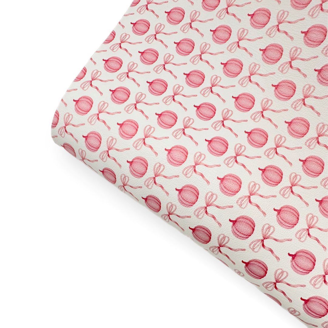 Pretty Pink Pumpkins & Bows Premium Faux Leather Fabric