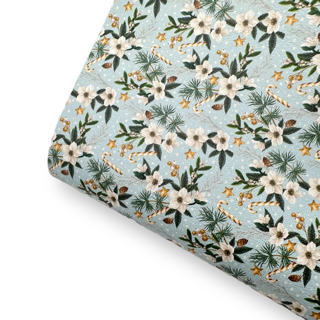 Cream Christmas Florals Premium Faux Leather Fabric Sheets