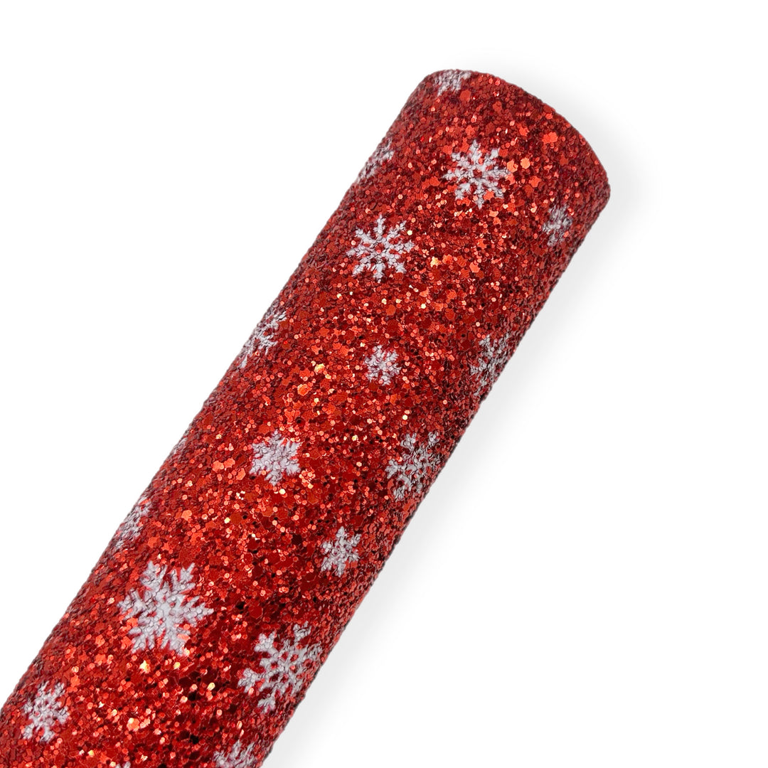 Limited Edition Festive Red Snowflakes Chunky Glitter Fabric