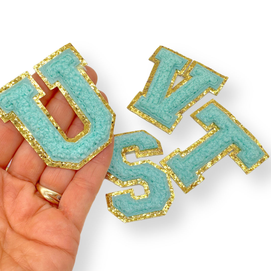 Aqua Letters Chenille Patches