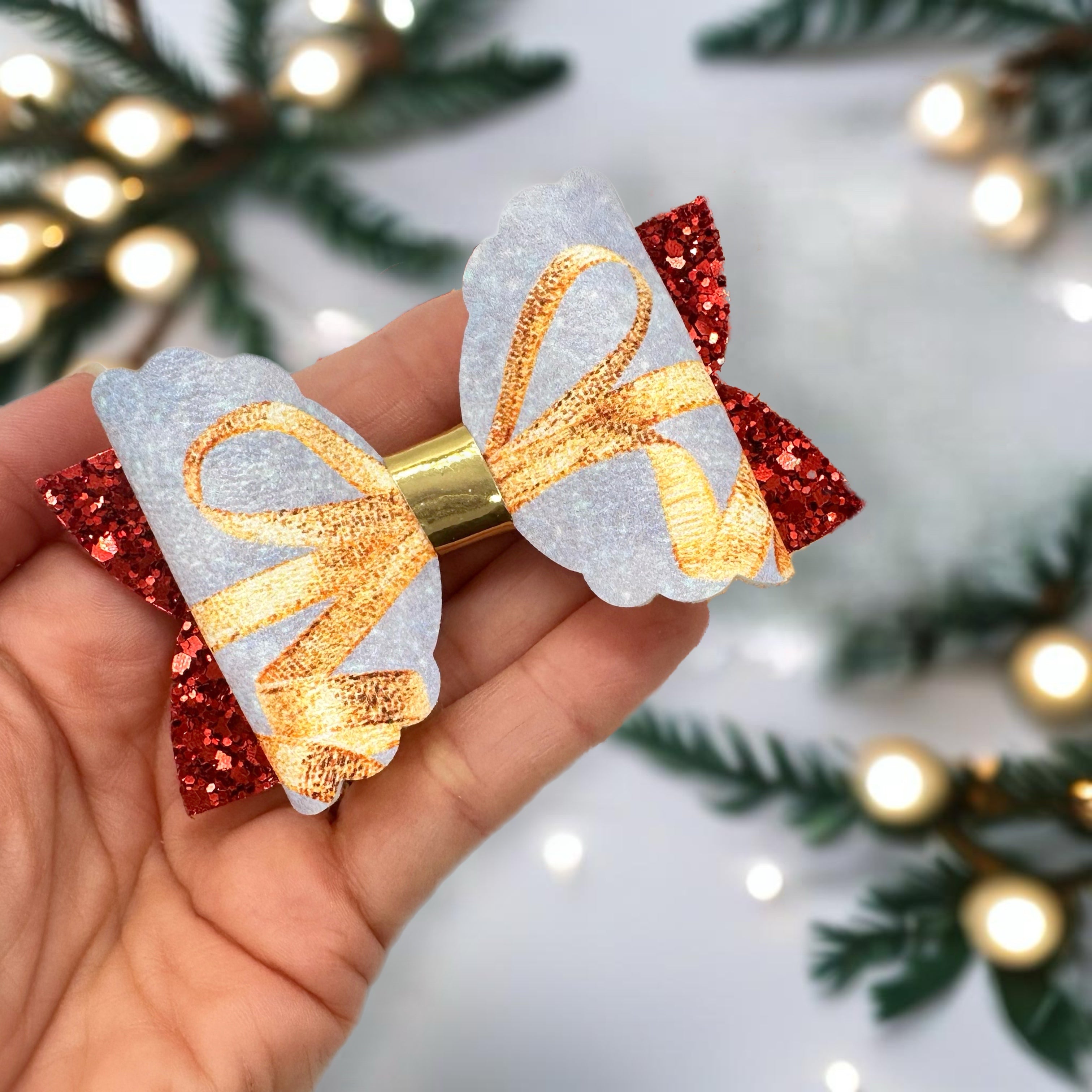 White & Gold Party Glitter Gift Bows 3.5” | Pre Cut DIY Hair Bow Loops