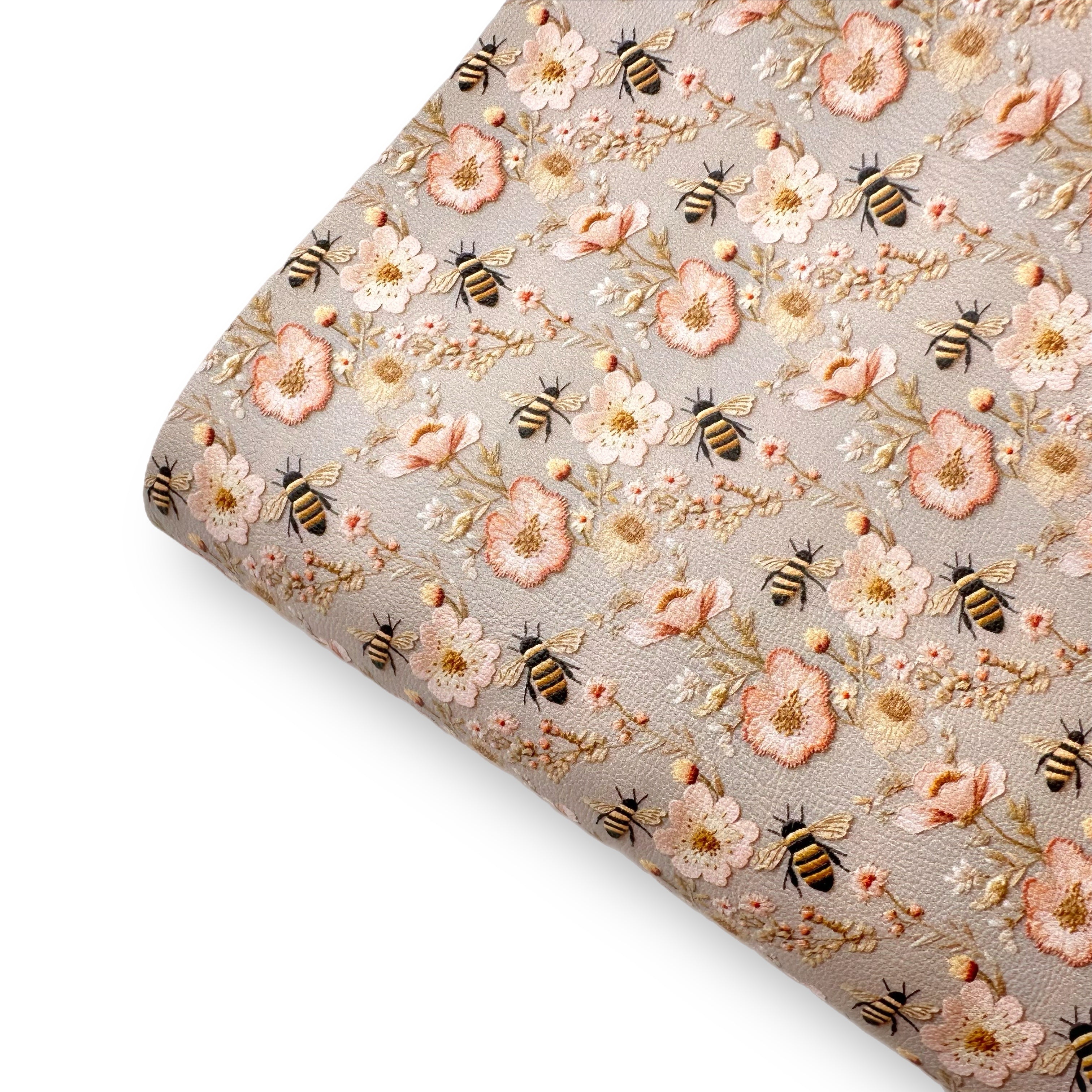 Golden Bee Embroidery Floral 3D Premium Faux Leather Fabric
