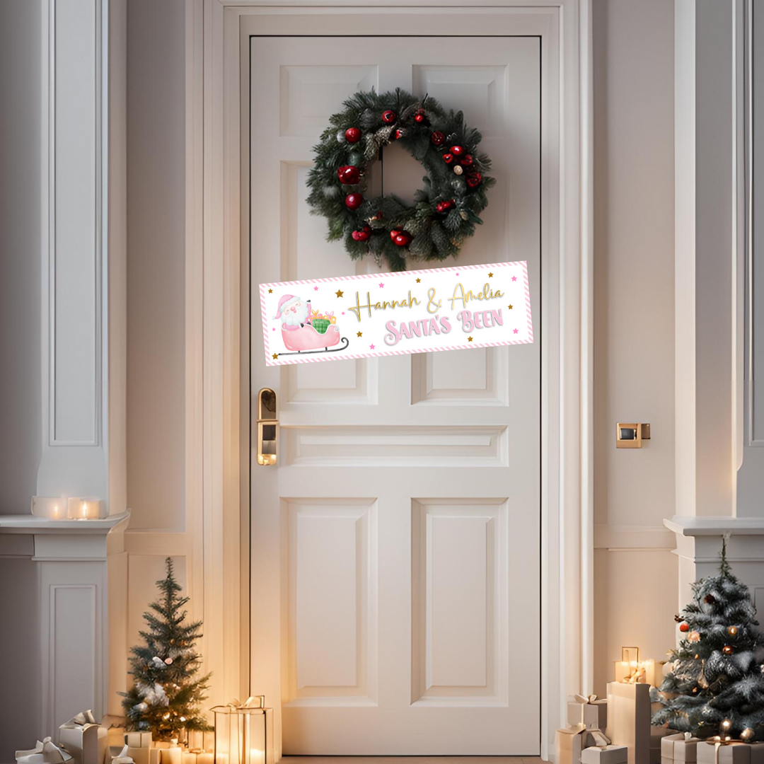 CUTE PINK SANTA'S BEEN CHRISTMAS FAUX LEATHER BANNERS WITH OPTIONAL PERSONALISATION