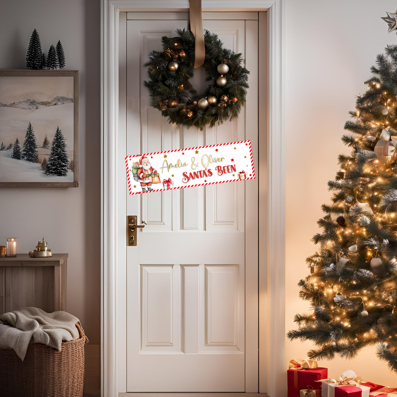 SANTA'S BEEN CHRISTMAS FAUX LEATHER BANNERS WITH OPTIONAL PERSONALISATION