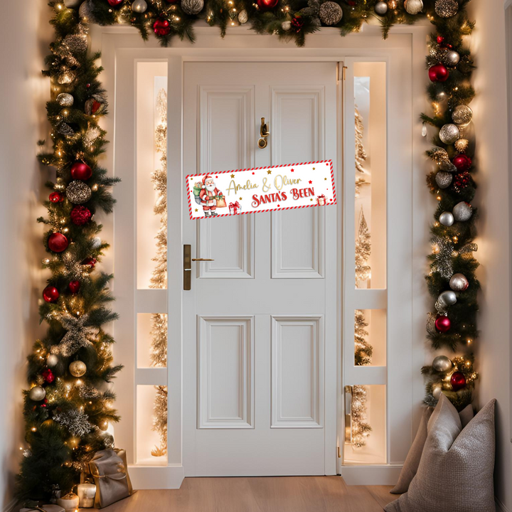 SANTA'S BEEN CHRISTMAS FAUX LEATHER BANNERS WITH OPTIONAL PERSONALISATION