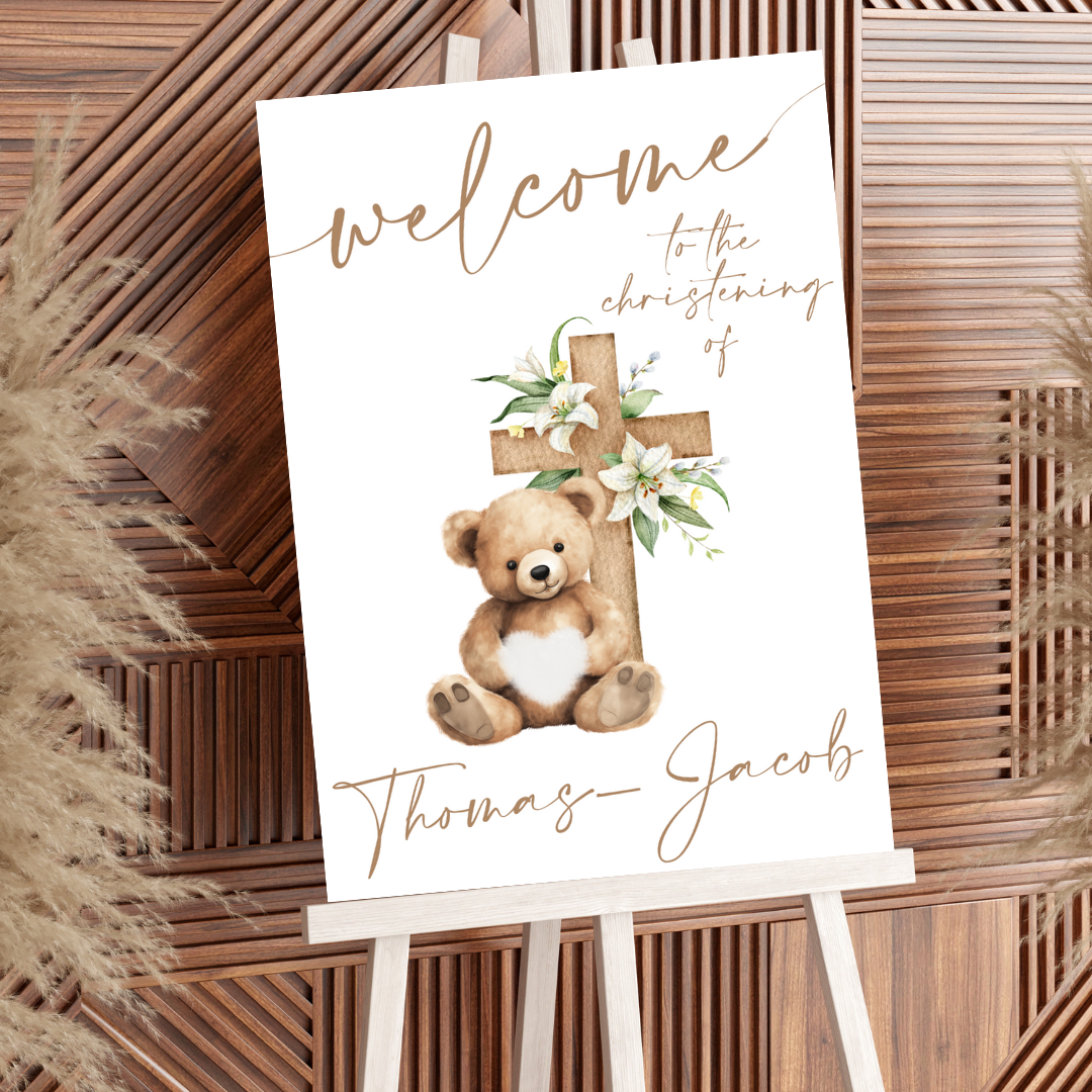 Neutral Teddy Bear Christening A3 Board Sign